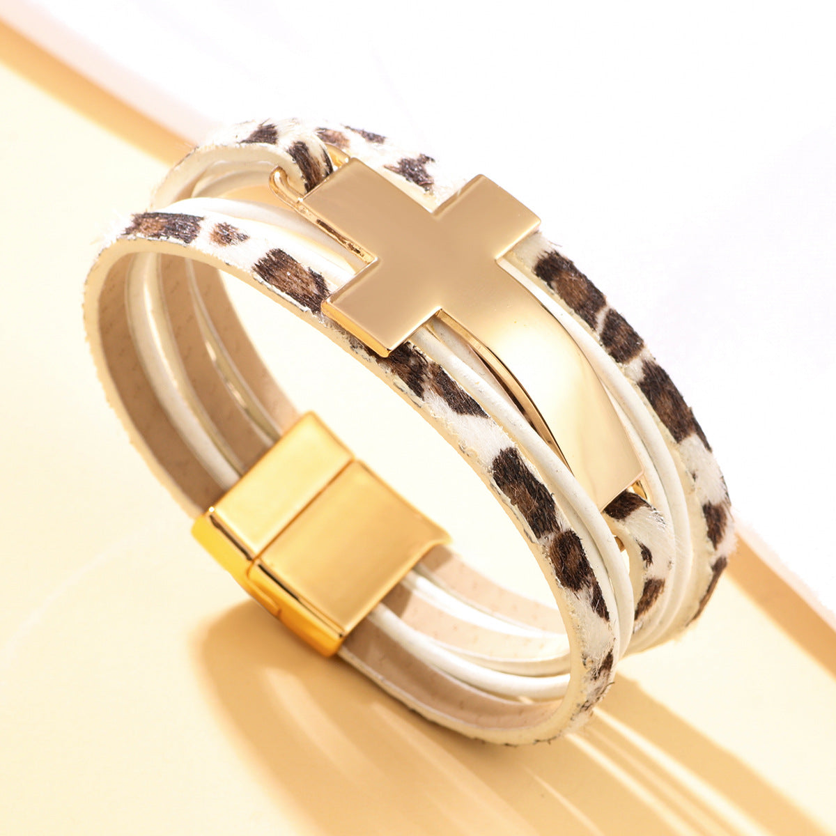 Wholesale Layered leather wide cross bracelet with magnetic clasp